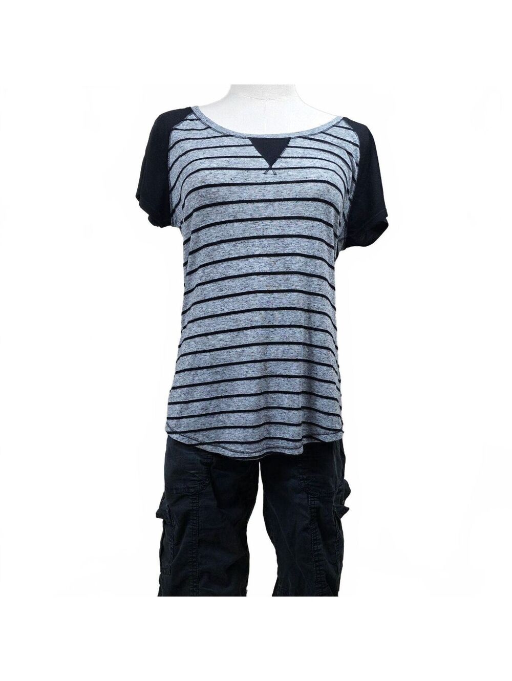 Faded Glory Black and Gray Striped Raglan Top